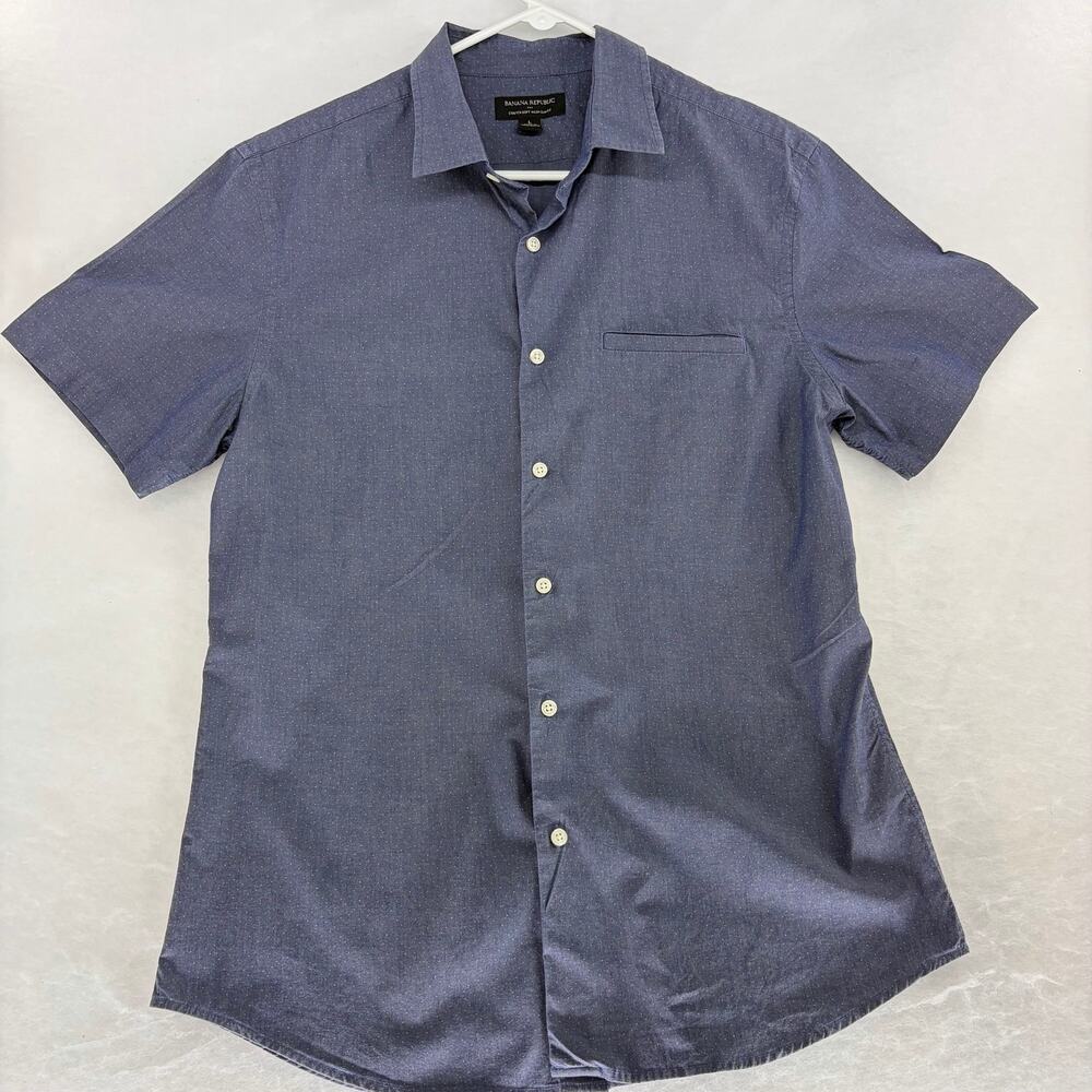 Banana Republic Slim Fit Chambray Short Sleeve Shirt Sz L Micro Dot Stretch